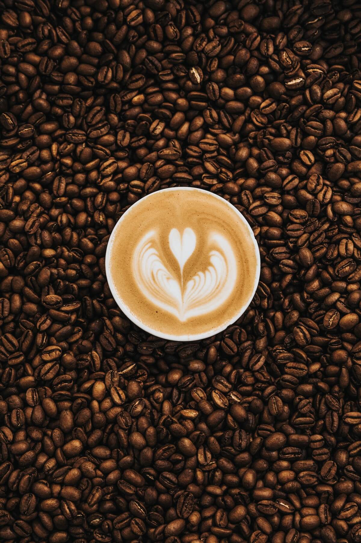 A latte nestled amongst coffee beans with latte art of a heart